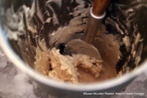 The mixture of cream and sieved, preserved gooseberries was poured into a cold, pewter sabotiere and the process of turning and scraping the receipt (recipe) To make Gooseberry Cream Ice began.  The results are pictured above.