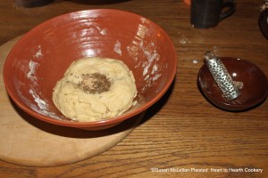 After a light paste has been made with flour, butter, new milk and ale yeast for the receipt (recipe) To make Wigs put in carraway-seeds and what spice you please.  The spice used was nutmeg grated.