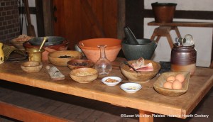 Pictured is the my table of ingredients and equipment for the 1675 receipt (recipe) To make a Pudding of French Barley.  The term French barley is frequently found in 17th and 18th century English cookery books and whether it was a variety grown in France or simply a plump variety of barley seems to continue to be undetermined.