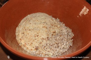 After the French barley has been tenderly boiled for the receipt (recipe) To make a pudding of French Barley, to one pint Barley add half a manchet grated.  In the 17th century, a manchet is a small round loaf of bread made from the whitest flour available.  Pictured is one half pint barley and one quarter of a manchet grated for half the receipt.