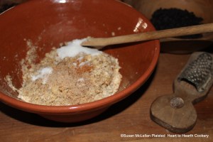 After the eggs and whites have been added to the barley, grated bread, beaten almonds and cream for the receipt (recipe) To make a pudding of French Barley season it with Nutmeg, Mace, Sugar and Salt.
