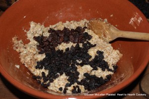 After the spices have been added to the barley, grated bread, beaten almonds, cream and eggs for the receipt (recipe) To make a pudding of French Barley put in some fruit, both Raisins and Currans.