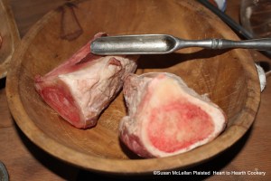 After the raisins and currants have been added to the barley, grated bread, beaten almonds , cream and eggs for the receipt (recipe) To make a pudding of French Barley, the recipe states and some Marrow.  The marrow spoon pictured was used to obtain the marrow from the bones.