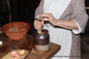 After the barley, grated manchet (white bread), almonds beaten with rosewater, cream, eggs, nutmeg, mace, sugar, salt, raisins, currants, and marrow have been mingled well together for the receipt (recipe) To make a pudding of French Barley, fill Hogs Guts with it.  This receipt is dated 1675 when ingredients put in farmes, guts, casings were considered puddings.  Everything hath an end and a pudding hath two.