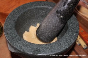After the almonds have been blanched in cold water and skins removed for the receipt (receipt) To make White Gingerbread the receipt states to stampe them in a morter very finelye, adding therto a little rosewater.  Pictured is the almond paste thus made.