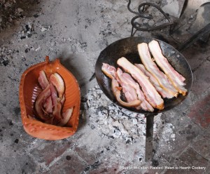 The first step in the preparation of the receipt (recipe) Veal Collops another Way is to slightly fry bacon which will be used to neatly line the baking pan which is the redware rutcher.  The bacon will be arranged in rows both under and over the veal.