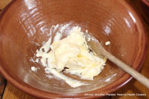 For the receipt (recipe) Whafles start with working one pound of butter.  If you are wondering what whafles are, you would be more familiar with the word waffles.