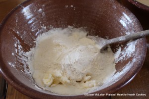 The third ingredient for the receipt (recipe) Whafles is a pound of flour which was added to the pound of butter and pound of sugar.  This receipt is going to differ from a pound cake receipt as there are no eggs.