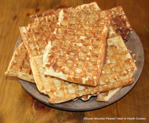 The receipt (recipe) for Whafles:  One pound of sugar, one pound of flour, one pound of butter, half an ounce cinnamon, one glass rose water make it in balls as big as a nutmeg and put them in your whafle iron to bake.  H. Glasse, 1805