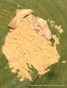 In addition to long pepper, the main flavor for the receipt (recipe)  To make gingerbrede is ginger.  Ginger when first introduced into England from the Orient was imported for its medicinal properties which evolved into use as a spice in foods.  As pictured, the dried rhizome would be grated into a powder.  In the 14th century, and this receipt is circa 1390, ginger was extremely expensive.