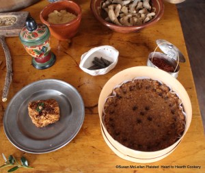 The earliest receipt (recipe) in my Evolution of Gingerbread program had been the 1430 receipt Gyngerbrede until I prepared the 1390 receipt Gingerbrede (left).  For Gyngerbrede, Take a quart of hony, & seethe it, & skeme it clene; take Safroun, pouder Pepir, & throw ther-on; take grayted Bred, & make it so chargeount that it wol be y-lechyd; then take pouder Canelle, & straw ther-on y-now; then make it square, lyke as thour wolt leche yt; take when thour lechyst hyt, an caste Box leves a-bouyn, y-stykyd ther-on, on clowys.  And if thour wolt have it Red, coloure it with Saunderys y-now.
