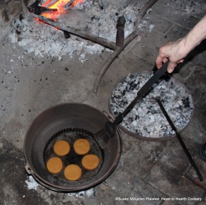 After the flour, sugar, butter, ginger, nutmeg, and treacle has been rolled and cut with a tea cup into cakes, the receipt (recipe) To make Ginger-Bread Cakes were baked on a tin plate in a bake oven coaled to create a slack oven.