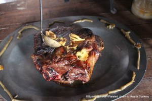 The receipt (recipe) To roast a Shoulder of Mutton is ready for the table when the gravy is poured on. The gravy was made with the drippings from the roast, white wine vinegar, capers, blades of mace and sugar. The bottle of preserved calendula is in the upper right corner of the picture.