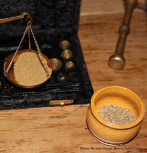 After the nutmeg was grated and weighed for the receipt (recipe) To make Chocolate, anise seed was ground and half an ounce weighed.  (Since preparing half the receipt, I weighed a quarter of an ounce)  Pimpinella anisum (anise) is a member of the parsley family and the seeds are small, brownish-gray, curved slightly and have the aroma of licorice.