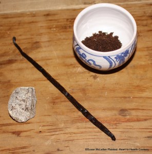 The last of the flavorings for the receipt (recipe) To make Chocolate are amber and vanilla. Amber (ambergris) is pictured on the left and is produced by the digestive system of the sperm whale. My precious small piece is dull grey and the receipt stated to add as you like to taste. I chose not to actually use it. But the receipt calls for two sticks of vanilla beaten & searsed. Vanilla (Vanilla planifola) is an orchid that grows as a vine and native to the tropics of the Americas.