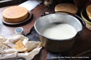 For the receipt Fresh Cheese and Creame, My Lady Howe's Receipt first take as much cream as you will.  Pictured is my kettle with cream and my linen bag of pieces of a rennet stomach to make the "tea" to set the curd.