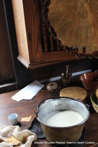 To the cream for the receipt (recipe) Fresh Cheese and Creame: My Lady Howe's Receipt put in so much runet as will make it turn like cheese but very tender.  In the upper right hand corner of the picture is one of the rennet stomach's that I have processed for cheese making and in the lower left hand corner is a piece of rennet stomach stored in a linen bag.  A blood warm rennet tea is made from a piece of rennet, but smaller than what I would use for making a cheese, as the curd needs to be "very tender".  