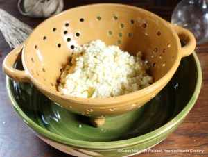 After the curd has been beaten with orange flower water and sugar for the receipt (recipe) Fresh Cheese and Creame: My Lady Howe's Receipt, then put it into a coullender that the moisture may run from it.