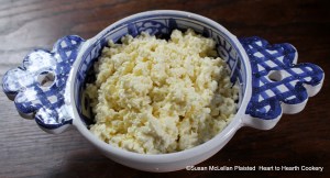 After the moisture has been removed from the curd mixed with orange flower water and sugar for the receipt (recipe) Fresh Cheese and Creame: My Lady Howe's Receipt then laye it in a dish.