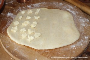 The receipt (recipe) To make the Orange pudding directs that the pudding be baked in puff-paste. For the puff paste I used Robert May's receipt The fifth way. Work up a quart of flour with a half a pound of butter, three whites of eggs, and some fair spring water, make it a pretty stiff paste, and drive it out, then beat half a pound of more butter of equal hardness of the paste, and lay it on the paste in little bits at three times, roul it out, and use it for what you please. Drive the paste out every time very thin.