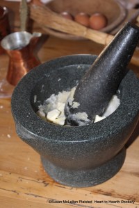 After four ounces of very fine sugar was added to Seville orange peel beaten fine for the receipt (recipe) To make the Orange pudding four ounces of fresh butter are added.  This entire receipt is prepared in a morter.