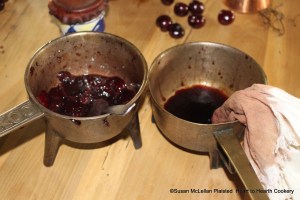 After the cherries have been bruised in a posnet for the receipt (recipe) To preserve Cherries, boile them until the sirup be somewhat red, then straine that liquor... into another faire posnet.  I used a linen cloth to strain the juices from the boiled bruised cherries.