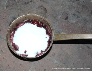 After the cherries in the liquor have been boiled and scummed with the first part of the sugar for the receipt (recipe) To preserve Cherries put the second part of the Sugar into them & set them on the fire again & let them boil as fast as they can, and when they boile up take it off and scum it.