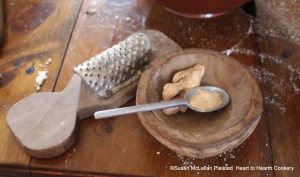 After the nutmeg was grated for the receipt (recipe) A Boiled Plumb-Pudding the same was done for a Tea Spoonful of Ginger.  A tea spoon was a spoon that was used for the service of tea and since I was preparing half a receipt, the picture shows the tea spoon half full.
