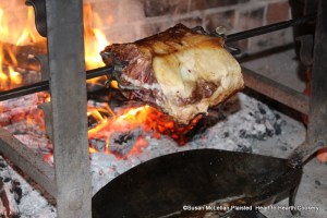 The first step for the 17th century receipt To harsh Mutton is to half roast your Mutton at a quick fire.  The mutton was secured on the spit supported by spit dogs with a iron grisset to catch the drippings for gravy.