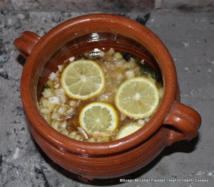 After the grated nutmeg, the last ingredient before adding the mutton to the redware stewpot for the receipt (recipe) To Harsh a Roast of Mutton is half a sliced lemon.