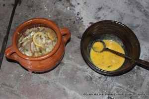 After the mutton has been stewed tender in the redware stewpot with marjoram, capers, onions, anchovies, oysters, grated nutmeg and lemon for the receipt (recipe) To Harsh a Roast of Mutton then break three or four yolkes of Eggs, throw it in the dish with some Butter. 