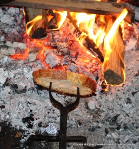After the yolks of eggs and butter have been added to the slices of mutton, marjoram, capers, oysters, nutmeg and lemon for the receipt (recipe) To Harsh a Roast of Mutton, toss it well together and dish it with sippets.  Sippets are bread that is toasted at the hearth and a toasting fork was used to toast the bread.