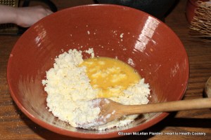 After the butter and curds have been well mixed for the receipt (recipe) To make Pretty Little Cheesecurd Pudding then beat six Eggs, half the Whites, and strain them to the Curd.