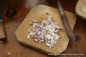 After the parsley has been minced with a rocker knife for the receipt (recipe) An Amulet of Asparagus, the chibbol is prepared. In 18th English receipt books, the word chibbol is commonly used for shallots.