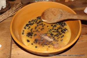 After the currants were added to the beaten eggs, sugar and rosewater for the receipt (recipe) To make little plum puddings: My Lady How's Receipt, the next ingredient is some grated nutmeg.