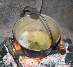 After a pickle has been made with white wine vinegar, a blade of mace, a bunch of sweet herbs, and a little whole pepper for the receipt (recipe) To Pickle Eggs bring the pickle to a boil.  The sweet herbs used were rosemary and thyme.