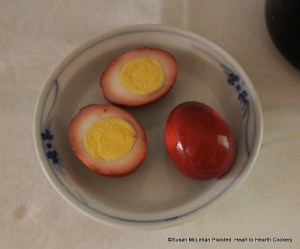 To prepare the 18th century receipt (recipe) To Pickle Eggs, first boil eggs hard, make a pickle of white wine vinegar with mace, sweet herbs and whole pepper, then finally bruise and add cochineal to the pickle in a rag.  They will be fit to eat in nine or ten days.