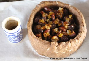 After the Oranado (candied orange peel) has been added to the coffin for the receipt (recipe) To make a Potato Pye add...Cittern.  The word cittern is the spelling used in this receipt for the candied rind of Citrus medica known as citron. Citron is one of the oldest citrus fruits that was cultivated in southern Europe.  It is typically yellow to green in color with a very thick, fragrant peel that was candied.  A melon was named the American citron melon as it was used by European colonists to replace citron in receipts.  In my gally pot is the candied rind of an American citron melon that was added to the coffin.