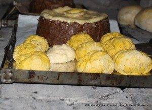 After the fine, white flour paste lid has been placed on the coffin for the receipt (recipe) To make a Potato Pye, the coffin (on a tin baking sheet lined with white paper) was placed in the bake oven for baking.