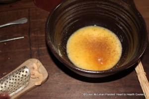 After putting grated nutmeg to the eggs and sugar for the receipt (recipe) Skirret Fritters put in ginger and mix it with a large spoonful of flour (if a large spoonful of flour is not sufficient put in more).