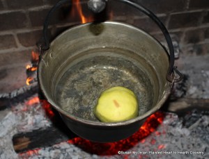 The first step in the preparation of the receipt (recipe) Quince Puffs: My Lady Sheldons Receipt is to take a fayre quince and boil it.  The quince is a fruit that is so hard that it took over an hour until it was boiled tender.