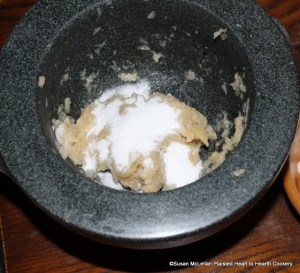 After the quince pulp placed on a scale to balance its weight twice with sugar for the receipt (recipe) Quince Puffs: My Lady Sheldons Receipt put the pulp of quince in a marble morter, and strew in some sugar, a little at a time.