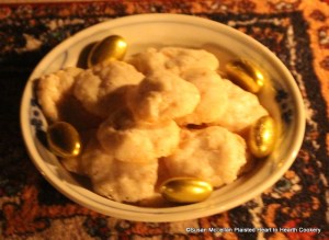 The 1681 receipt (recipe), Quince Puffs: My Lady Sheldons Receipt is a sweetmeat (a confection) that would typically be presented in the evening at a 17th century banquetting table by candlelight.  Gilded almond comfits accompany the puffs.