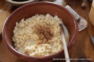 After the thin sliced bread soaked in milk was broken small for the receipt (recipe) A plum puding Boyled grate in halfe a nuttmeg.