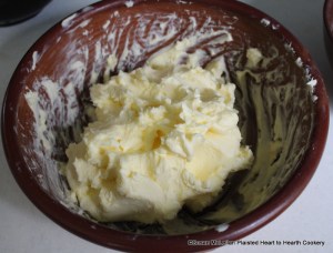For the 1788 receipt (recipe) Nun's Cake take four pounds of butter, beat it with your hand till it is fine as cream. What is pictured is two pounds of butter as the full receipt was prepared in two different bowls.