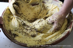 After the carraway seeds have been strewed in by degrees for the receipt (recipe) Nun's Cake beat it for two hours together. Note that hands worked much more efficiently than use of a wood spoon.