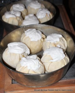 This 1777 receipt (recipe) for Snow-balls are still in their tin baking pans but are now ready to be plated for the table.  Inside the hot-water paste (crust) is an apple filled with orange marmalade.  After they were baked and iced, the tins of iced Snow-balls were placed back in a slack bake oven to set the oven.