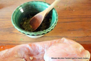 After the parsley has been chopped fine for the receipt (recipe) To Roast a Rabbit mix the parsley and the whisked egg together.