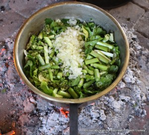 After the cut asparagus, endive and young lettuce cut small have been thrown into a stew-pan of melted butter for the receipt (recipe) A Ragoo of Asparagus throw in the onion cut small and toss them about and fry them.