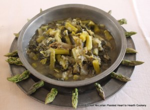 The receipt (recipe) A Ragoo of Asparagus after it has stewed is served to table poured into a dish and garnished with little tops of grass.  Grass is the common 18th century term used in the body of receipts.